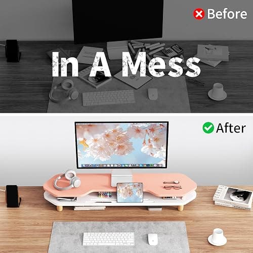 AFOOYO 2 Tier Dual Monitor Stand Riser,Wider Board Computer Monitor Stand for 2 Monitors,Slot For Phone/Tablet Office Desktop Organizer for Laptop,PC,Computer,Printer,Pink thumbnail 6