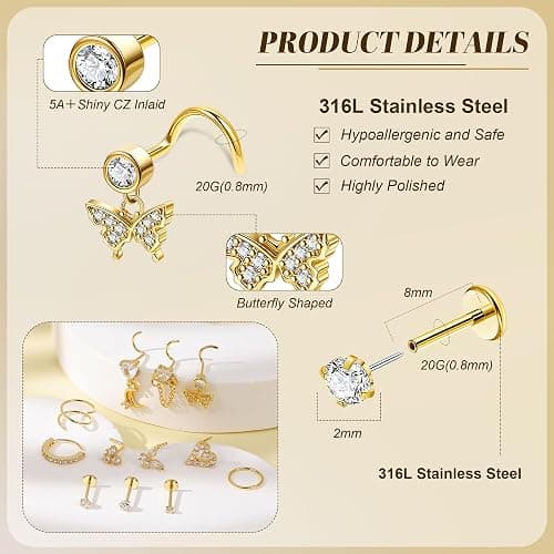 REVOLIA 12Pcs 20G Nose Ring Set 316L Stainless Steel Nose Rings Hoop for Women CZ L Shaped Studs Dangle Heart Butterfly Screw Nose Studs Cute Threadless Flat Back Nose Piercings Jewelry thumbnail 5