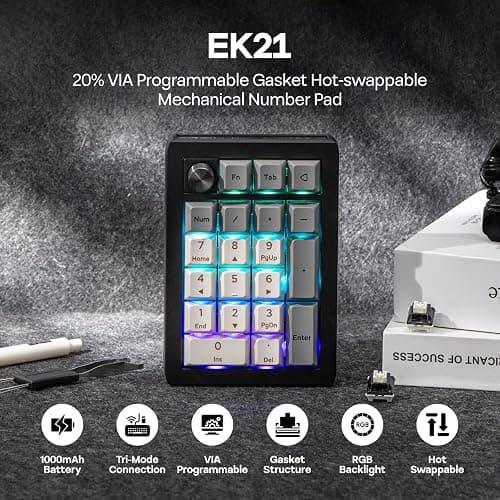 EPOMAKER EK21 VIA Gasket Number Pad with 1000mAh Battery, BT 5.0/2.4GHz/Wired Hot-Swap Numpad with Aluminum Alloy knob, Programmable for Win/Mac/Gaming (Black Silver, Wisteria V2 Switch) thumbnail 2