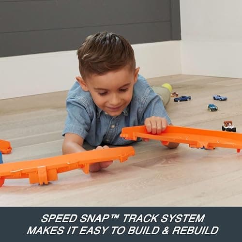 Hot Wheels Toy Car Track Set, Deluxe Building Box with Motorized Booster, 1:64 Scale Vehicle, Speed Snap Track, Boosted Jump Speedway thumbnail 3