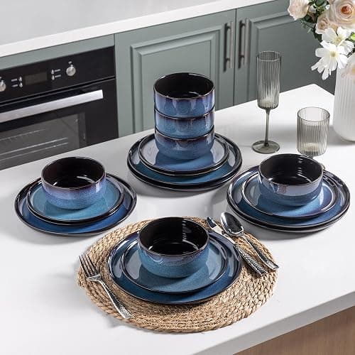 LeRatio Ceramic Dinnerware Sets for 6,Porcelain Plates and Bowls Sets,Handmade Reactive Glaze Dishes Set,Chip Resistant and Scratch Resistant | Oven&Dishwasher & Microwave Safe-Blue(18PCS) thumbnail 2