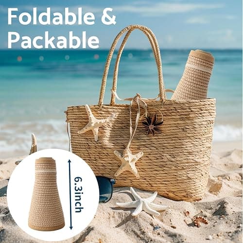 NPJY Sun Hats for Women Wide Brim Roll-Up Beach Ponytail Hat Packable Foldable Travel Straw Visor thumbnail 5
