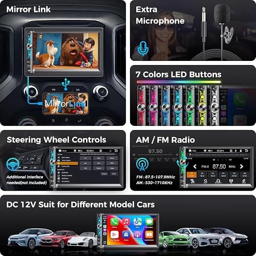 Kissound 7" Double Din Car Stereo with Wireless Apple CarPlay & Android Auto, Bluetooth, 240W Output, SWC, Dual Subwoofer Support, Mirror Link, FM/AM Radio Receiver, USB-C/AUX/TF Ports,Backup Camera thumbnail 4