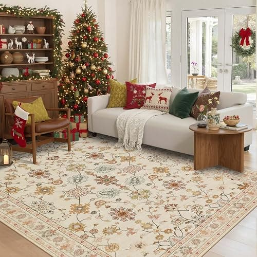 Rugxara Floral Rug for Living Room Bedroom, 5x7 Washable Rug, Vintage Boho Area Rug, Large Non Slip & Low Pile Wool Carpet for Indoor Dining Room, Girls Room, Nursery Room and Kids Room(Apricot 5x7ft) - Image 1