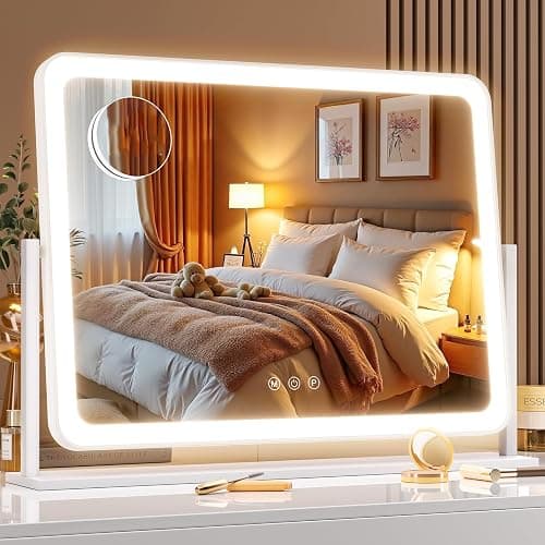 Gvnkvn Lighted Makeup Mirror, 17.3"x13" Hollywood Vanity Mirror with Led Lights, Three Color Lighting Modes, and 5X Magnification Mirror, Smart Touch Control, 360°Rotation(Round Corner) - Image 1
