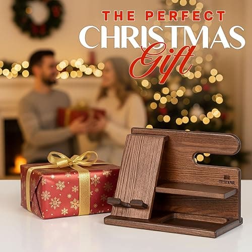 TESLYAR Wood Phone Docking Station for Men - Desktop or Nightstand Organizer - Birthday Gifts for Men, Dad - Anniversary Idea from Wife - Key Holder, Stand Wallet, Watch & Essentials (Bourbon Brown) thumbnail 3