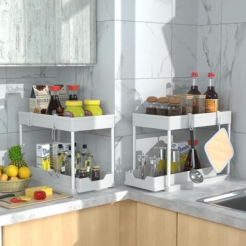 DEKAVA Cabinet, 2 Pack Under Sink Organizer, 2 Tier Sliding Bathroom Kitchen Organizer, Large White ABS Baskets, Easy Install & Clean thumbnail 5