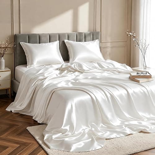 Silk Satin Sheets Queen, Silky Fitted Bed Sheets with 10" Deep Pocket Summer Cooling Sheets Luxury Hotel Satin Pink Fitted Sheets + Flat Sheet + Pillowcases - Image 1