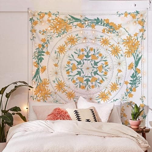 Simpkeely Mandala Floral Medallion Tapestry, Sketched Flower Plant Boho Wall Hanging, Bohemian Hippie Tapestries for Bedroom Living Room Dorm Home Décor 59.1 x 80 Inches (Yellow) - 80L" x 59.1W" - Yellow - Image 1