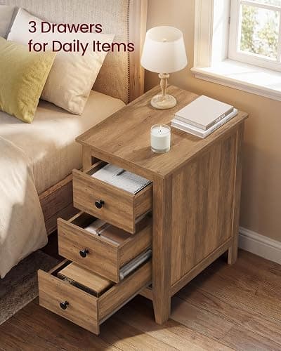 VASAGLE Side End Table with 3 Storage Drawers, Nightstand Farmhouse | Narrow Bedside Table for Living Room, Bedroom, Home Office, Honey Brown, LIRY Collection ULET132K101S thumbnail 4