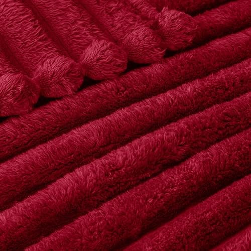Exclusivo Mezcla Fleece Throw Blanket for Couch, Super Soft Striped Jacquard Bed Blanket, Lightweight Fuzzy Cozy for All Seasons, 50x60 Inches, Deep Red thumbnail 5