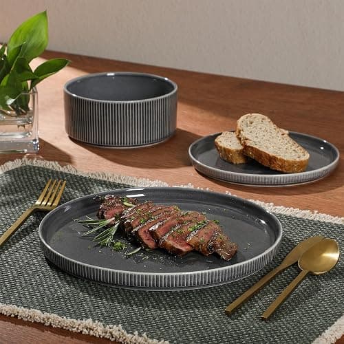 Gibson Elite Solana Coast 12 Piece Stoneware Reactive Glaze (Service for 4) Ceramic Plates and Bowls Modern Shape Embossed Dinnerware Set - Black thumbnail 5