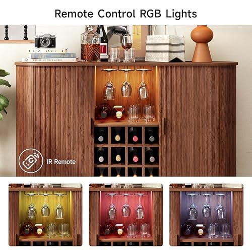ONBRILL 55" Wine Bar Cabinet with LED Light,Modern Liquor Whiskey Coffee Station with Wine Rack and Glass Holder, Farmhouse Buffet Sideboard with Storage for Living Room, Kitchen, Entryway (Walnut) thumbnail 6