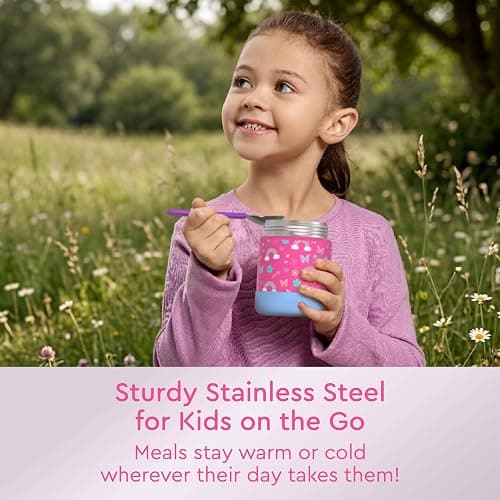 Bentgo Kids Stainless Steel Food Jar - 11oz Leak-Proof Double Insulated Hot or Cold Food Container with Removable Silicone Bumper, Dishwasher Safe, Easy Open Lid, Ages 3+ (Rainbows and Butterflies) thumbnail 2