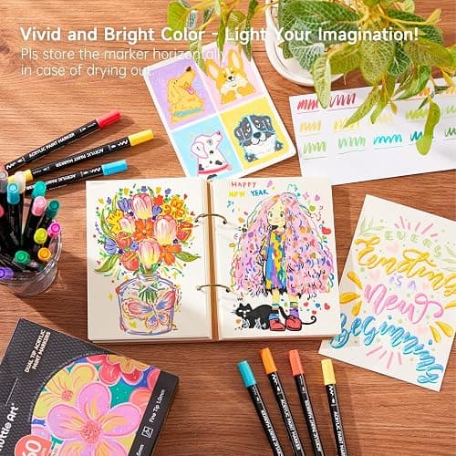Shuttle Art 60 Colors Dual Tip Acrylic Paint Markers, Brush Tip and Fine Tip Acrylic Paint Pens for Rock Painting, Ceramic, Wood, Canvas, Plastic, Glass, Stone, Calligraphy, Card Making, DIY Crafts thumbnail 5