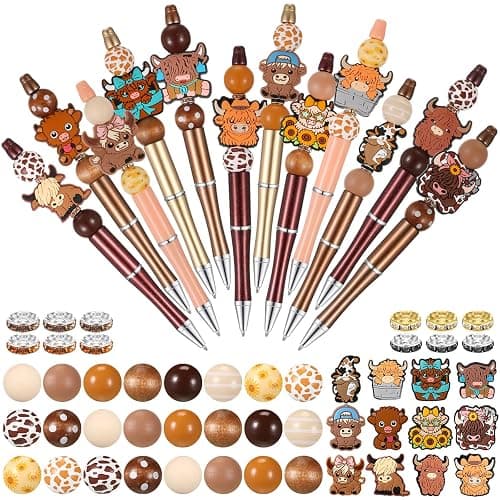 Geyee 12 Set Beadable Pens Assorted Bead Pens Wood Crystal Round Spacer Set Black Ink DIY Ballpoint for Women Men Gift Office Supplies(Multicolor,Cow) - Image 1