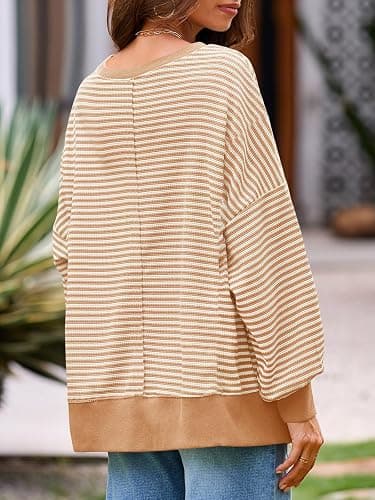 Fisoew Women's Fall Oversized Sweatshirt Casual Waffle Knit Long Sleeve Crewneck Split Pullover Tunic Tops thumbnail 4