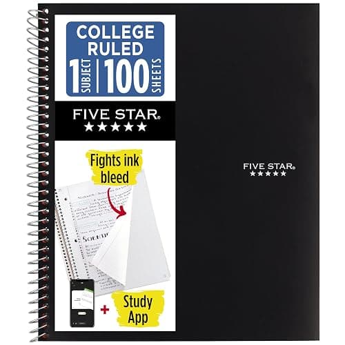 Five Star Spiral Notebook + Study App, 1 Subject, College Ruled 8.5" x 11" Paper, 100 Sheets, Black (72057) - Image 1