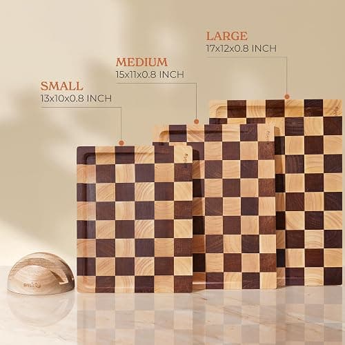 SMIRLY Wood Cutting Boards for Kitchen Wooden Chopping Board Set Reversible with Deep Juice Grooves Grip Handles, Large Charcuterie Tray for Home Kitchen, Rubber Wood, 3Pcs with Holder thumbnail 5