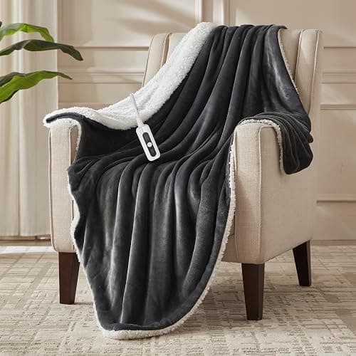 SNUGSUN Electric Heated Blanket Throw Size, Soft and Cozy Thickened Flannel and Sherpa Electric Blanket for Bed, Automatic Safety System 6 Heating Levels & 10 Hours Auto-Off, 50"x60" Slate Grey - Image 1