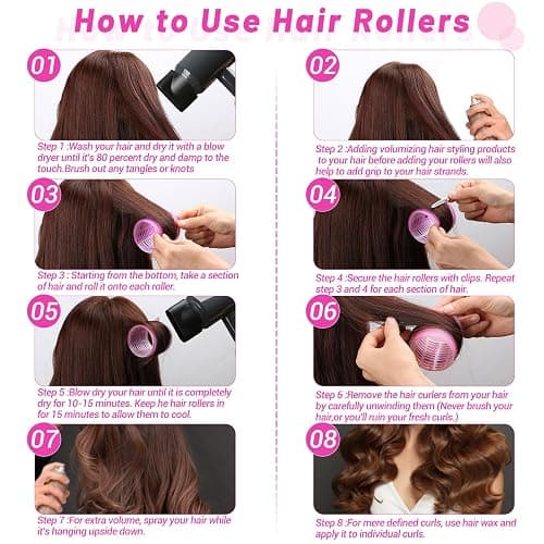 Jumbo Hair Curlers Rollers, 12Pcs 60mm Jumbo Hair Roller Curlers Self Grip Holding Rollers with 12Pcs Hair Clips for Long Straight Thick Hair (Rose Red) thumbnail 3