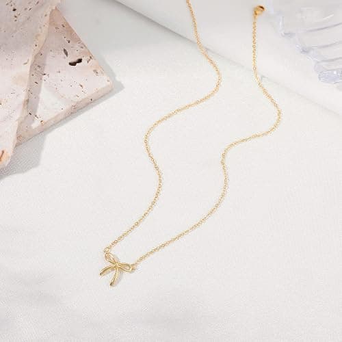 Treasure Bender Christmas Gifts Stocking Stuffers Bow Gold Necklace for Women Non Tarnish Dainty 14k Gold Plated Pendant Necklaces Trendy Cute Charm Bow Necklace Gold Jewelry for Women Birthday Gift thumbnail 8