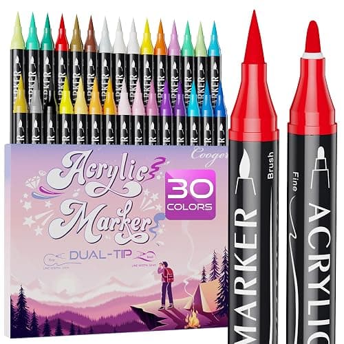 30 Colors Dual Tip Acrylic Paint Markers,Fine Tip and Brush Tip Permanent Acrylic Paint Pens For Rock Painting, Canvas, Wood, Glass, Ceramic, Fabric, Plastic, Egg, Scrapbook,Art Painting Supplies Kit - Image 1
