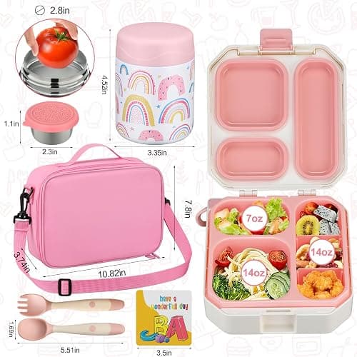 wiwens Bento Lunch Box for Kids with 12oz Soup Thermo Leak-Proof Lunch Food Container with 5 Compartment Thermo Hot Food Jar and Insulated Lunch Bag for Kid Toddler Girls Boys to School thumbnail 2