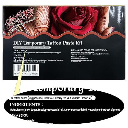 14 Pcs Temporary Tattoo Cone Kit, Tattoo Cones 3 Color (4 Black,4 Cherry Red,6 Reddish-Brown),India Body Art Skin Paint Tattoos Paste for Women, Men & Teens, Perfect for Festivals, Party & Gifts thumbnail 8