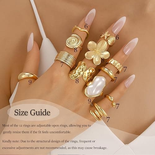 FAXHION 12 PCS Chunky Gold Rings for Women Non Tarnish Statement Flower Ring, 14K Gold Plated Stackable Open Stacking Rings, Big Knuckle Trendy Ring Set Jewelry Gift thumbnail 2
