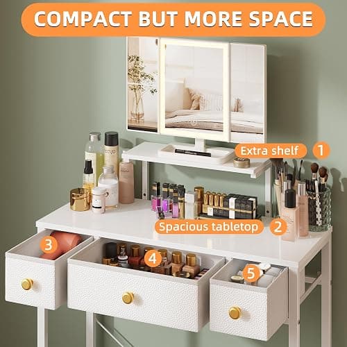 HIGDBFE Vanity Desk with Mirror & Lights and 3 Fabric Drawers, Makeup Vanity Table with Adjustable Stand, Dressing Vanity Table for Bedroom, Computer Desk for Small Spaces, 27.5''W, White thumbnail 6