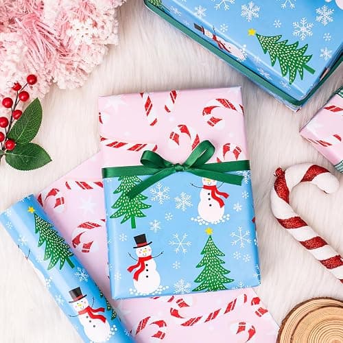 LeZakaa Christmas Wrapping Paper for Kids, Mini Roll, Red Truck, Snowman Christmas Tree in Blue & Pink Candy Cane Reversible Design for Winter Holiday Family Gathering, 17 inches x 32.8 Feet thumbnail 3