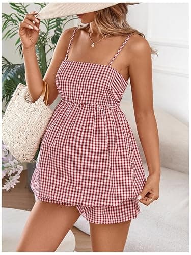 SweatyRocks Women Maternity 2 Piece Outfits Gingham Cami Top Shorts Sets | Maternity Summer Clothes, Casual Vacation Pregnancy Bubble Matching Sets thumbnail 5