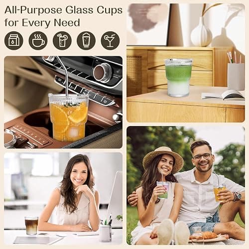AUFXKOO 13oz Iced Coffee Cups,4Pcs Glass Cups with Lids and Straws Drinking Glasses,Clear Ribbed Glassware,Reusable Tumbler Glass to Go Cup for Matcha, Iced Tea,Juice thumbnail 7