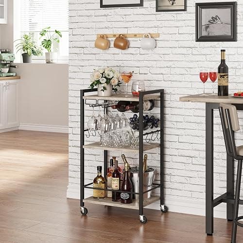 TUTOTAK Bar Cart, Home Bar Serving Cart, Small Wine Cart with 3-Tier Shelf, Beverage cart, Drink Cart with Wine Rack and Glass Holder, Rolling bar carts for The Home, Living Room, Greige BC01BG035 thumbnail 4