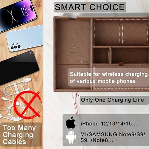 SANZIE Leather Tray with Wireless Charger - Nightstand Organizer for Phone, Wallet, Keys, Sunglasses, Watches, Jewelry, and More (Brown, Large) thumbnail 4