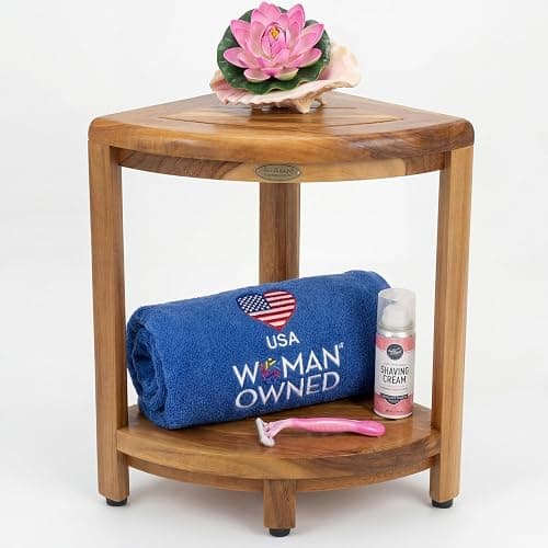 DecoTeak Teak Corner Shower Shelf – 2 Tier Waterproof Bathroom Storage Organizer Compact Wood Storage | Water-Resistant Design | Space Saver for Showers & Small Bathrooms | Shaving Foot Rest - Image 1