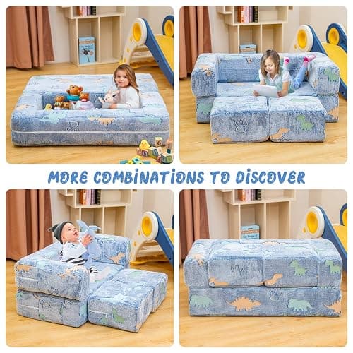 furlinkhm Toddler Couch, Glow in The Dark Kids Play Couch Toddler Fold Out Couch, Kids Fold Out Couch for playroom, Convertible Baby Fold Out Play Foam and Floor Cushion for Bedroom, Blue+Dinosaur - Blue+dinosaur - Toddler Couch thumbnail 5