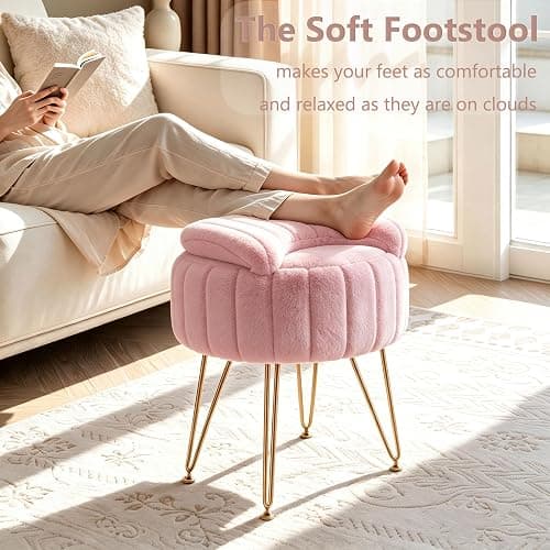 Garvee Vanity Stool Chair with Storage and Folding Back,Faux Fur,Pink,Small | Soft Ottoman,Modern Chairs for Makeup,Vanity Bench,Metal Legs,Adjustable Feet,for Living Room,Bedroom,Makeup Room thumbnail 4