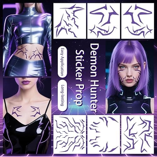 Tignova Demon Pattern Movie Anime Purple Temporary Tattoos,Halloween Dance Cosplay Costume Accessories,Full Body Set K-pop Demon Theme Stickers 6 Sheet (Purple) thumbnail 2