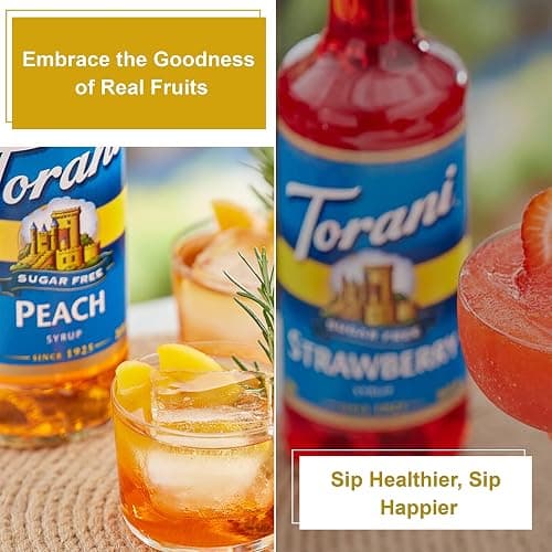 Torani Sugar Free Syrup Variety Pack – Peach, Strawberry & Raspberry Flavors | 3 x 25.4 fl oz Bottles with 3 Pumps | for Coffee, Italian Soda, Lemonade, Mocktails & Cocktails thumbnail 6