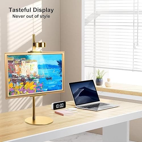 NKJIH Adjustable Desktop Photo Frame Stand with Magnetic Wall Painting Light, Holds Picture Frames up to 30 Inch,with Rechargeable Battery,Metal Vertical Stand with 3 Color Temperature & 13RGB Poster Lights, for Displaying Picture Frames, Artworks (Gold) thumbnail 5
