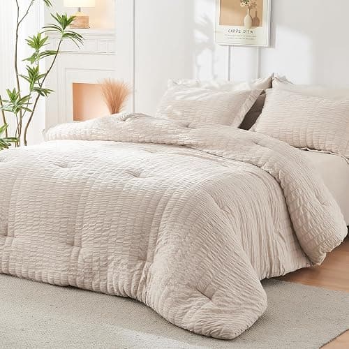 HYMOKEGE Beige King Size Comforter Set Seersucker 7 Pieces, All Season Luxury Bed in a Bag for Bedroom, Bedding Set with Comforters, Sheets, Pillowcases & Shams thumbnail 8