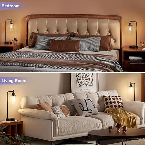 Industrial Touch Table Lamps for Bedrooms Set of 2 - 3-Way Dimmable Nightstand Lamps with USB C+A Ports and Outlet, Black Bedside Lamps with Glass Shade for Living Room, Desk Lamps for Home Office thumbnail 5