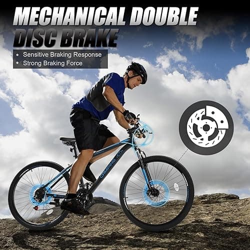 CamPingSurvivals 26/27.5" Mountain Bike 21 Speed Bikes for Adults, Men & Women Mountain Bike with High Carbon Steel Frame, All-Terrain Tires, Double Disc Brake and Suspension Fork - Blue - 27.5" thumbnail 2
