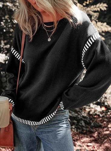 Dokotoo Sweaters for Women Fashion Solid Crewneck Loose Fit Long Sleeve Contrast Cable Knit Pullover Sweater Jumper Tops thumbnail 3
