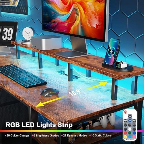 Furologee 51" Computer Desk with Power Outlet and LED Lights, Reversible Home Office Desk with File Cabinet & Monitor Stand, Large Gaming Table with Storage Shelves & Drawer, Rustic Brown thumbnail 5