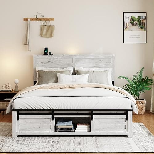 SAMTRA Wooden Full Size Bed Frame with Headboard, Boho White Farmhouse Storage Bedframe with Sliding Barn Door Footboard and Charging Station, Wood Slats, No Box Spring Needed thumbnail 3