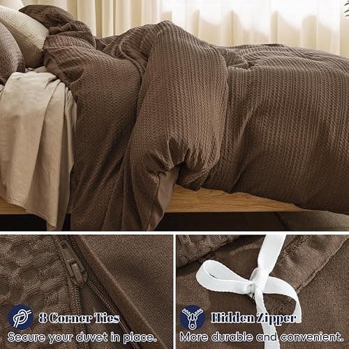 PHF Soft Waffle Duvet Cover Queen Size- Luxury Textured No Snagging Waffle Weave Comforter Duvet Cover(90"x90") with 2 Pillow Shams,3 Pieces Breathable Bedding Set for All Season, Cocoa Brown thumbnail 5