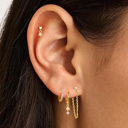 SELSHE Gold Plated Earrings for Women, 14k Gold Plated Earring Stack Hypoallergenic Pearl Drop Earring Dainty Earrings for Women Trendy Cute Small Huggie Hoop Earring Fashion Womens Jewelry thumbnail 3